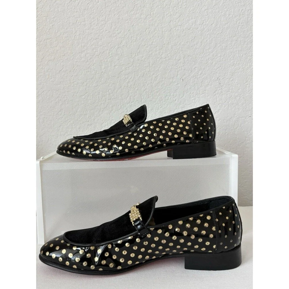 Christian Louboutin Men’s Equiswing EU 40 Loafers Patent Black Velvet Gold Dots